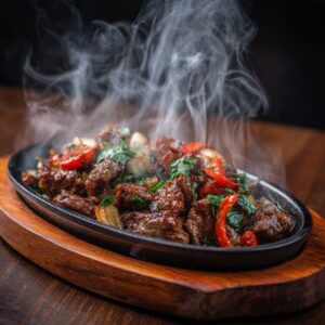 a mouthwatering shot of beef strips sizzling hot…